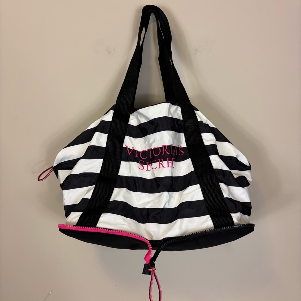 Victoria's‎ Secret Black with Pink Lettering Foldable Black & White Striped Bag